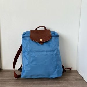 Longchamp Le Pliage Nylon Backpack Blue - Brown Leather Nylon Dahlia NEW
